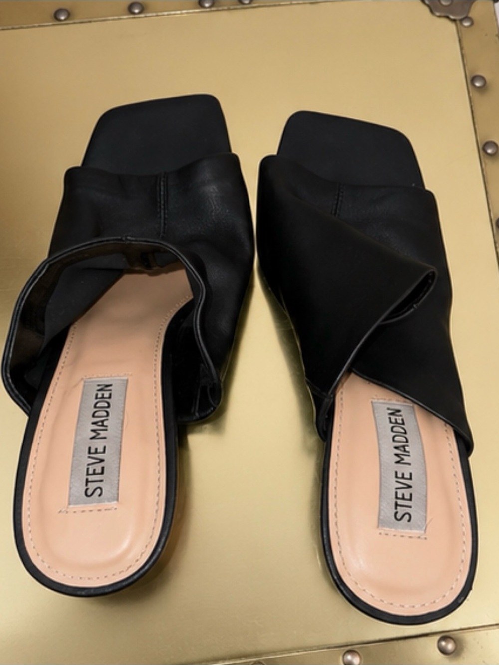 Steve Madden Black Leather Square Toe Block Heel Mules - Picture 2 of 4